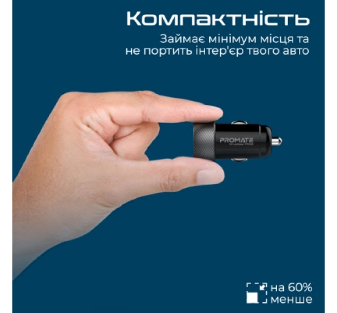 Promate Зарядний пристрій Promate drivegear-pd33 USB-C PD33W + USB-A QC3.0 Black (drivegear-pd33)