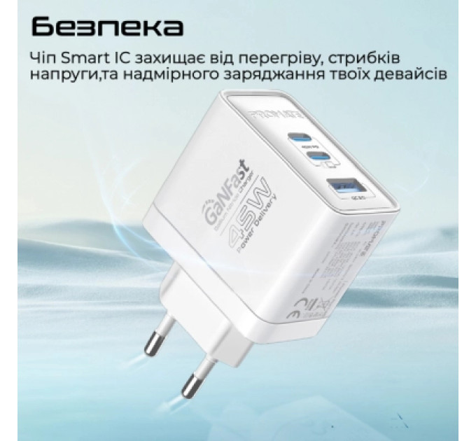 Promate Зарядний пристрій Promate powerport-45 2xUSB-C PD + USB-A QC 45W White (powerport-45.white)