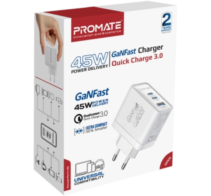 Promate Зарядний пристрій Promate powerport-45 2xUSB-C PD + USB-A QC 45W White (powerport-45.white)