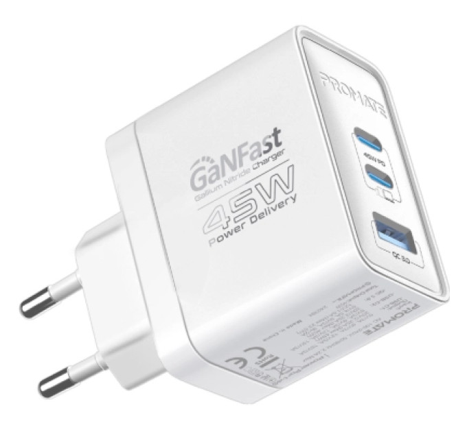 Promate Зарядний пристрій Promate powerport-45 2xUSB-C PD + USB-A QC 45W White (powerport-45.white)
