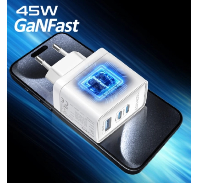 Promate Зарядний пристрій Promate powerport-45 2xUSB-C PD + USB-A QC 45W White (powerport-45.white)