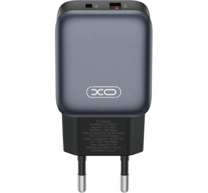 XO Зарядний пристрій XO L154 USB-C PD20W + USB-A QC3.0 Black (L154.black)