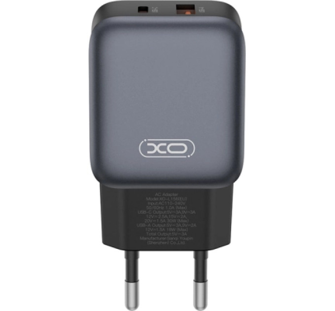 XO Зарядний пристрій XO L156 USB-C PD30W + USB-A QC3.0 Black (L156.black)