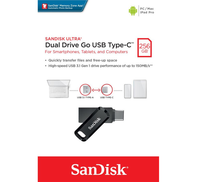 SanDisk USB флеш накопичувач SanDisk 256GB Ultra Dual Drive Go USB 3.1/Type C (SDDDC3-256G-G46)