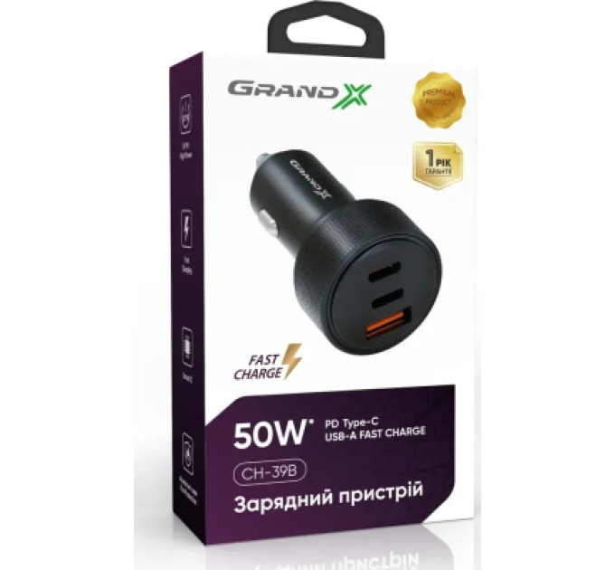 Grand-X Зарядний пристрій Grand-X CH-39B 50W 1xUSB + 2xUSB-C PD + QC3.0 AFC FCP SCP VOOC Black (CH-39B)