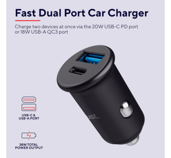 Trust Зарядний пристрій Trust USB-C PD25W + USB QC12W 37W Black (25197_TRUST)