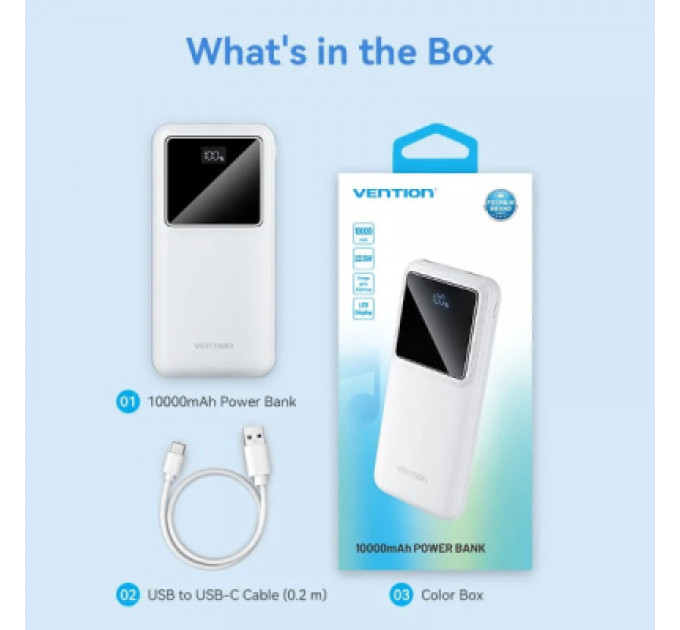 Vention Батарея універсальна Vention 10000mAh 22.5W 3A PD, QC/3.0, LED Display, White (FHKW0)