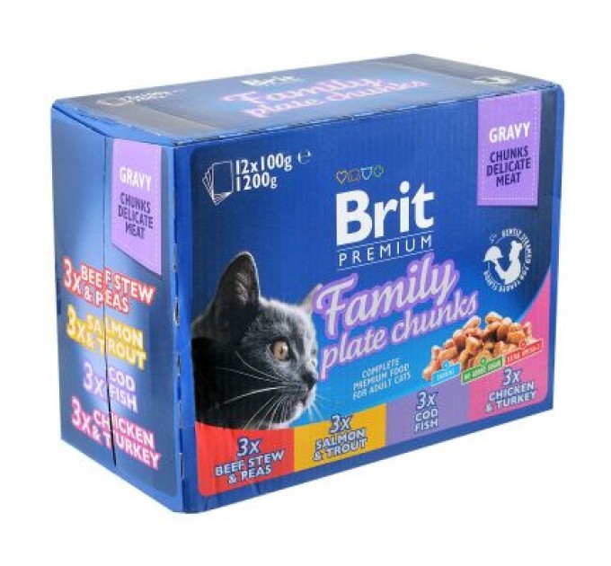 Вологий корм для кішок Brit Premium Cat сімейна тарілка асорті 4 смаки 100 г х 12 шт (8595602506255)