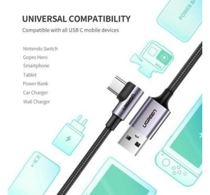 Ugreen Дата кабель USB 2.0 AM to USB-C 1.0m US284 Angled Alum. Braid Black Ugreen (50941)