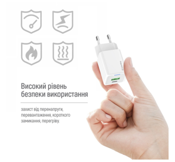 ColorWay Зарядний пристрій ColorWay C101A GaN Mini 20W PD PPS USB-C + USB-A QC4.0 + cable USB-C to USB-C black (CW-CHS062PDC-WT)