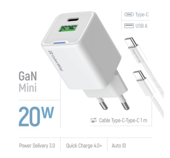 ColorWay Зарядний пристрій ColorWay C101A GaN Mini 20W PD PPS USB-C + USB-A QC4.0 + cable USB-C to USB-C black (CW-CHS062PDC-WT)