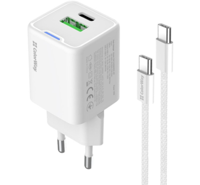ColorWay Зарядний пристрій ColorWay C101A GaN Mini 20W PD PPS USB-C + USB-A QC4.0 + cable USB-C to USB-C black (CW-CHS062PDC-WT)
