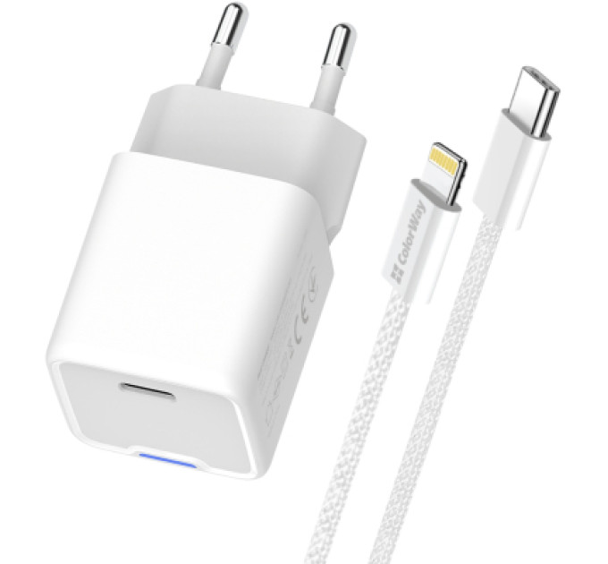 ColorWay Зарядний пристрій ColorWay C101D GaN Mini 20W PD PPS USB-C + cable USB-C to Lightning white (CW-CHS059PDL-WT)