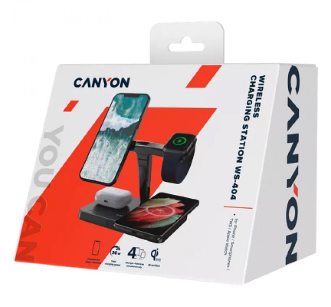 Зарядний пристрій Canyon wireless charger WS-404 15W 4in1 Black (CNS-WCS404)