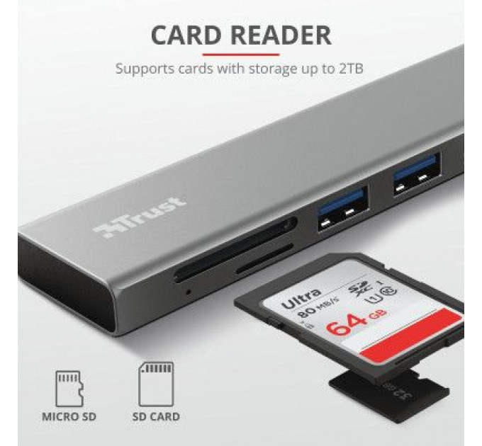 Концентратор Trust HALYX FAST 3USB+CARD READER USB-C ALUMINIUM (24191_TRUST)