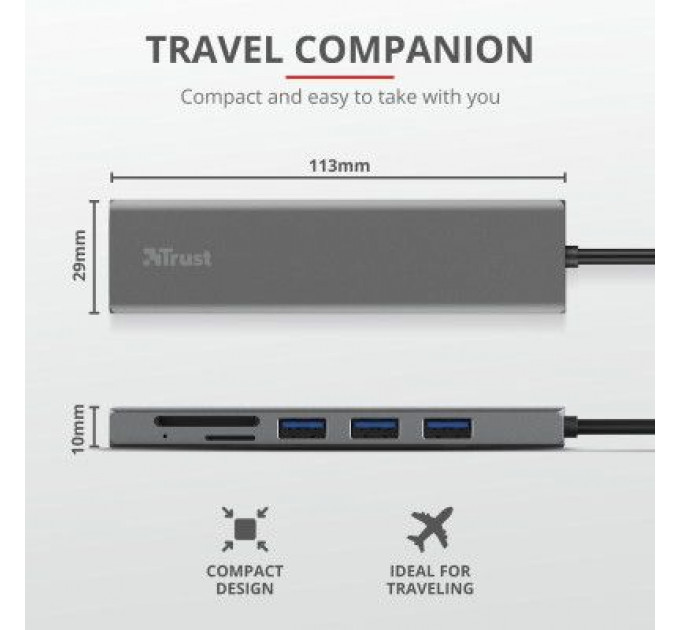 Концентратор Trust HALYX FAST 3USB+CARD READER USB-C ALUMINIUM (24191_TRUST)