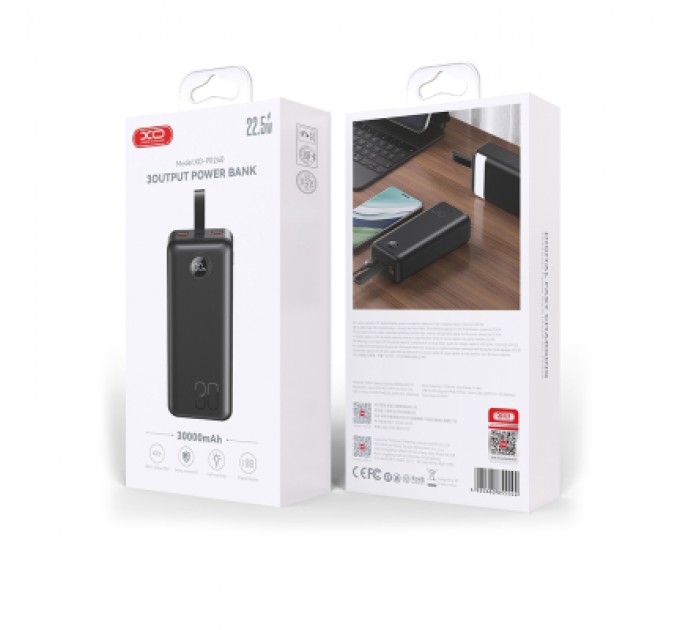 Батарея універсальна XO 30000mAh, PD/20W, QC/22.5W, with light, black (PR240_Black)