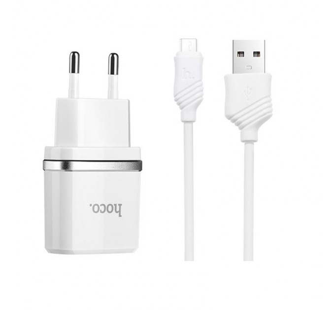 Мережевий зарядний пристрій Hoco C12 (2USB, 2.4А) White (C12MW) + кабель MicroUSB