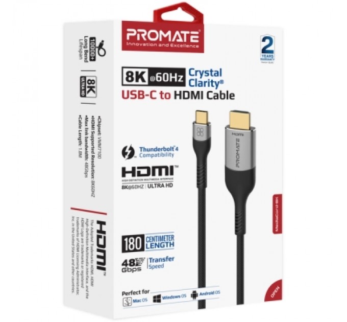 Кабель мультимедійний USB-C to HDMI 1.8m grey Promate (mediacord-8k.grey)