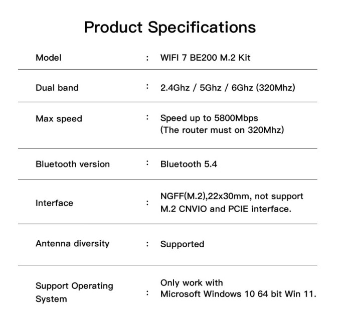 Fenvi Бездротовий адаптер Fenvi FV-BE200NG Wi-Fi 7, Bluetooth 5.4 Adapter, Tri-band 2.4G/5G/6GHz