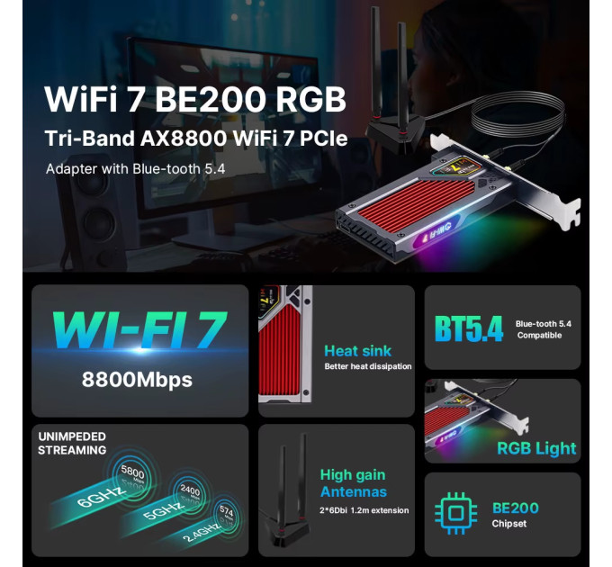 Fenvi Бездротовий адаптер Fenvi FV-BE8800RGB Wi-Fi 7, Bluetooth 5.4 Gaming Tri Band 2.4G/5G/6GHz