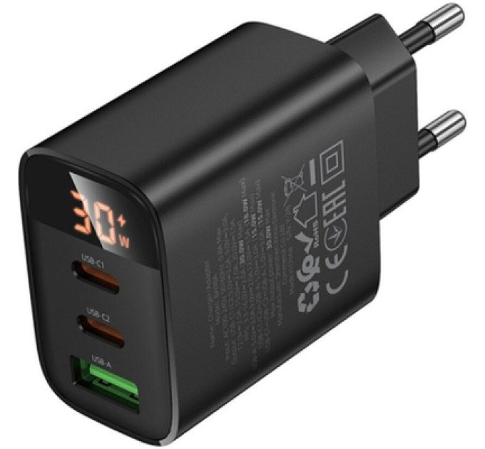 BOROFONE Зарядний пристрій BOROFONE BA98A 2xUSB-C PD30W + 1xUSB 18W digital display black (6941991120510)