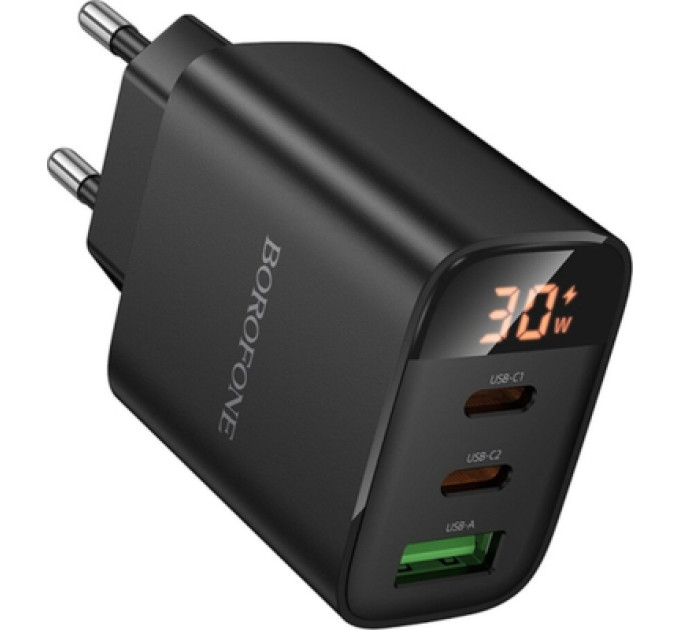 BOROFONE Зарядний пристрій BOROFONE BA98A 2xUSB-C PD30W + 1xUSB 18W digital display black (6941991120510)
