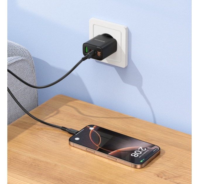 BOROFONE Зарядний пристрій BOROFONE BA98A 2xUSB-C PD30W + 1xUSB 18W digital display black (6941991120510)