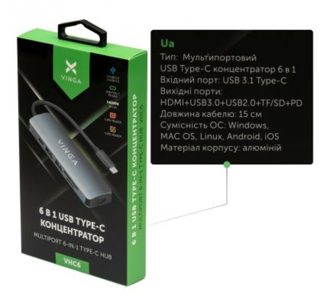 Концентратор Vinga USB Type-C 3.1 to HDMI+USB3.0+USB 2.0+SD/microSD+PD 6in1 (VHC6)