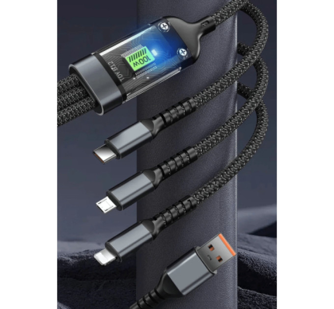 XoKo Дата кабель USB 2.0 AM to Lightning + Micro 5P + USB-C 1.2m 100W nylon black XoKo (SC-3100)