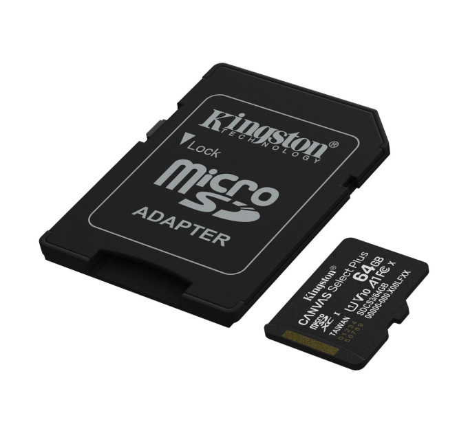 Kingston Карта пам`яті MicroSDXC 64GB UHS-I Class 10 Kingston Canvas Select Plus R150MB/s + SD-адаптер (SDCS3/64GB)
