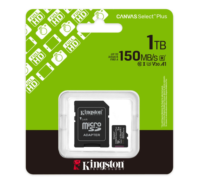 Kingston Карта пам`яті MicroSDXC 1TB UHS-I Class 10 Kingston Canvas Select Plus R150MB/s + SD адаптер (SDCS3/1TB)