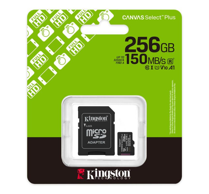 Kingston Карта пам`яті MicroSDXC 256GB UHS-I Class 10 Kingston Canvas Select Plus R150MB/s + SD-адаптер (SDCS3/256GB)