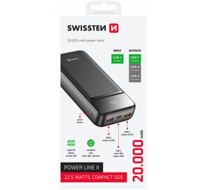 Батарея універсальна SWISSTEN 20000mAh POWER LINE II 22.5W PD QC Black (8595217490628)