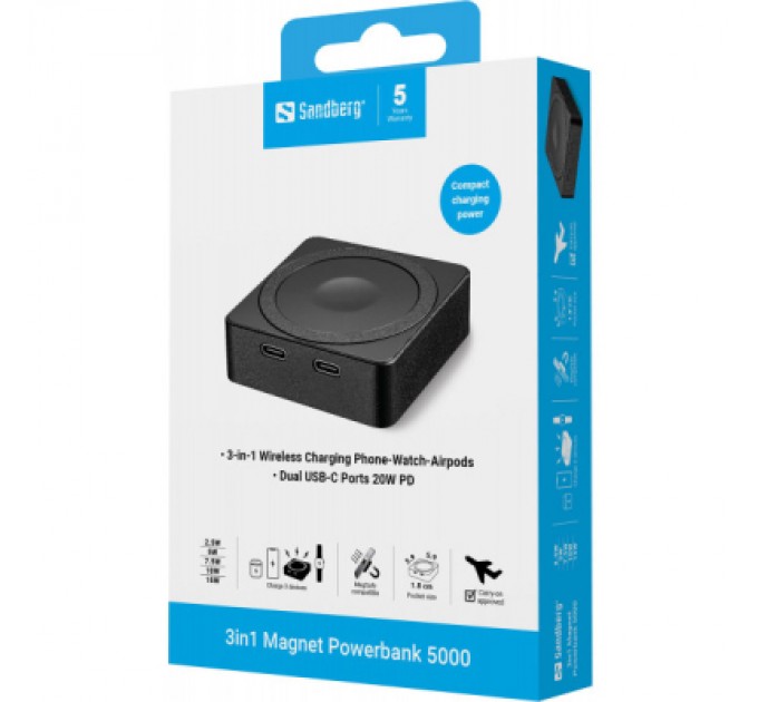 Батарея універсальна Sandberg Magnetic Wireless 5000mAh 20W PD, QI-15W for Apple Watch/Airpods (421-28)