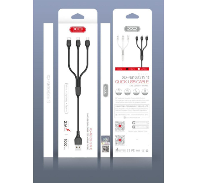 XO Дата кабель USB 2.0 AM to Lightning + Micro 5P + USB-C 1.0m 2.1A black XO (NB103-3in1-1-BK)