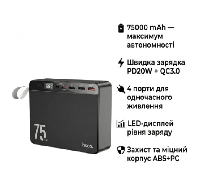 Батарея універсальна HOCO 75000 mAh Overlord PD/20W, QC/3.0/22.5W, Black (J94 / 714739)