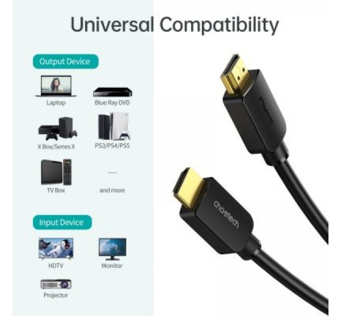 Кабель мультимедійний HDMI to HDMI 2.0m V.2.1 8K 60Hz HDR10 HLG 48Gbps YUV 444 Choetech (XHH-TP20)