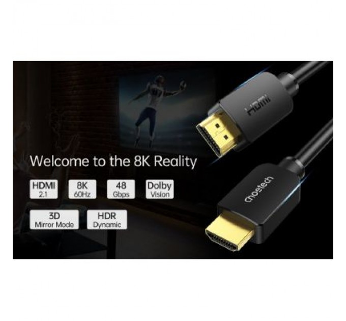 Кабель мультимедійний HDMI to HDMI 2.0m V.2.1 8K 60Hz HDR10 HLG 48Gbps YUV 444 Choetech (XHH-TP20)