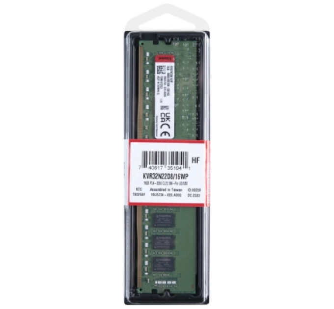 Kingston Модуль пам'яті для комп'ютера DDR4 16GB 3200 MHz Kingston (KVR32N22D8/16WP)