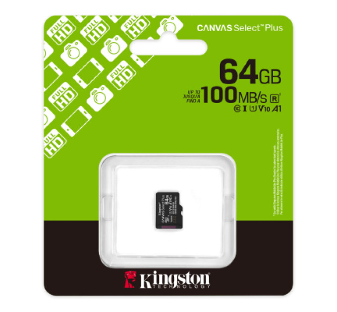 Kingston Карта пам'яті Kingston 64GB microSDXC class 10 UHS-I V10 A1 Canvas Select Plus (SDCS3/64GBSP)
