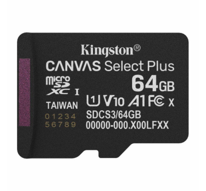 Kingston Карта пам'яті Kingston 64GB microSDXC class 10 UHS-I V10 A1 Canvas Select Plus (SDCS3/64GBSP)
