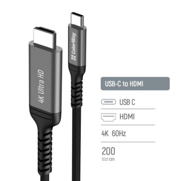ColorWay Кабель мультимедійний USB-C to HDMI M 2.0m 4K60Hz black ColorWay (CW-CBCHD077-BK)