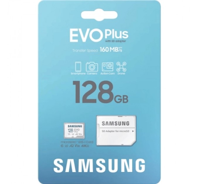 Карта пам'яті Samsung 128 GB microSDXC Class 10 UHS-I U3 V30 A2 EVO Plus+SD Adapte (MC128SA/EU)