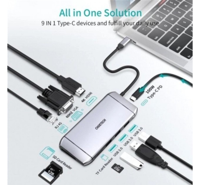 Концентратор Choetech USB-C 9-in-1 (HUB-M15-GY)