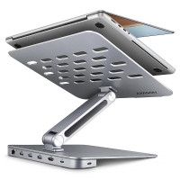 Багатопортовий USB-C хаб 5 Гбіт/с та алюмінієва підставка для ноутбуків. HDMI 4k/60 Гц, GLAN, PD та 3 порти USB-A. Кабель USB-C 60 см AXAGON