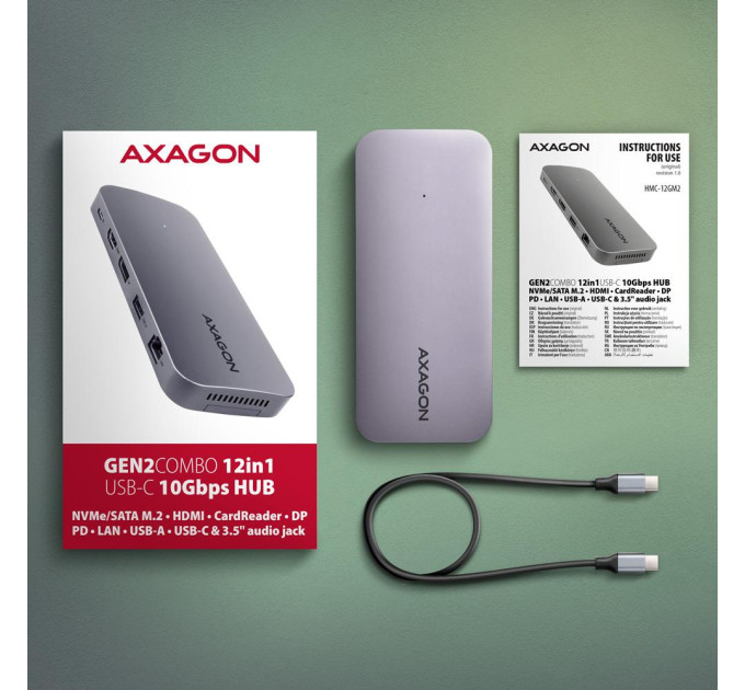 AXAGON Багатопортовий USB-C хаб 10 Гбіт/с. NVMe/SATA M.2, HDMI та DisplayPort. Кабель USB-C 50 см AXAGON