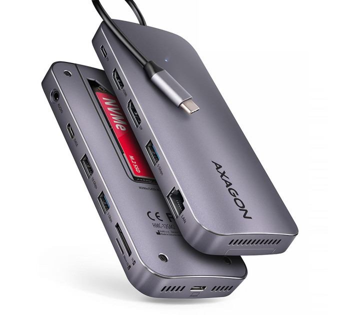 AXAGON Багатопортовий USB-C хаб 10 Гбіт/с. NVMe/SATA M.2, HDMI та DisplayPort. Кабель USB-C 50 см AXAGON