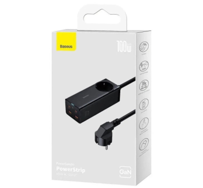 Baseus Зарядний пристрій Baseus AC + 2xUSB-C 100W + 2xUSB + cable USB-C to USB-C 100W 1.0m black (PSZM000401)