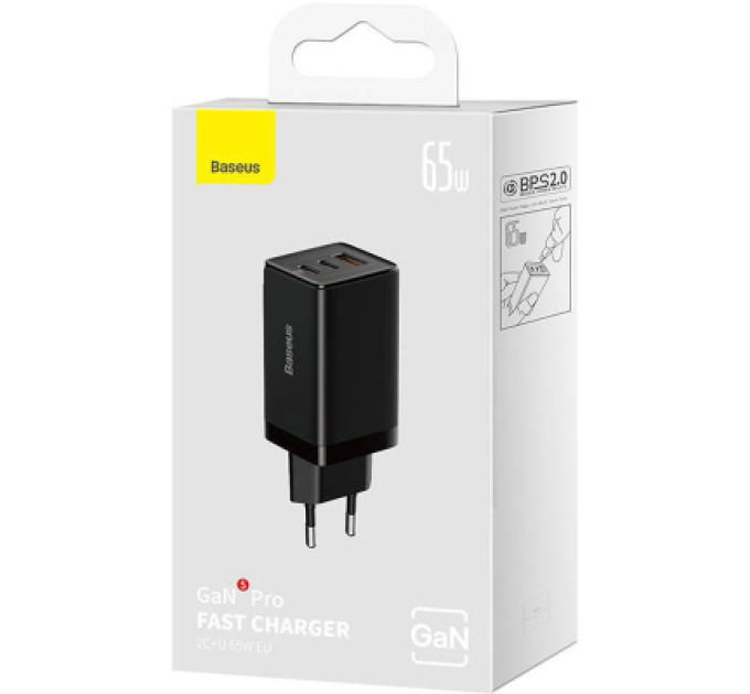 Baseus Зарядний пристрій Baseus 2xUSB-C 65W + 1xUSB GaN + cable USB-C to USB-C 100W 1.0m black (CCGP120201)